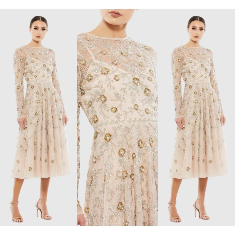 Mac Duggal Beaded Illusion High Neck Long Sleeve Gown 6 A Line Dress 10799 New